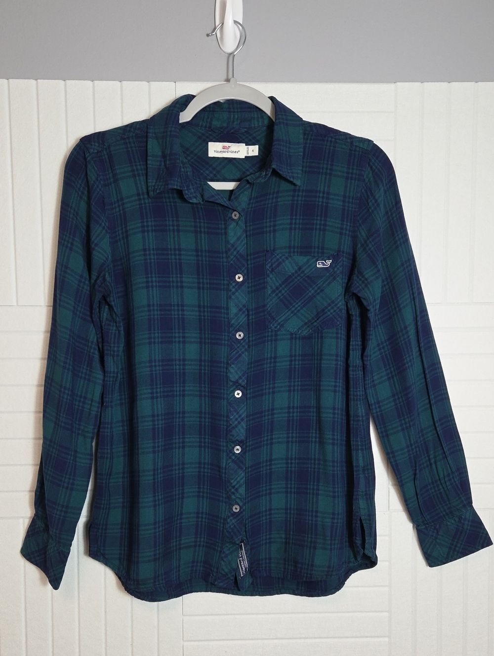 Vineyard Vines Plaid Flannel Button Down Shirt Blue Green Size 4